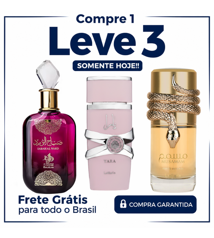 Promoção Compre 1 e Leve 3 Perfumes Árabes – Sabah Al Ward, Lattafa Yara e Musamam White – (100ml Cada)